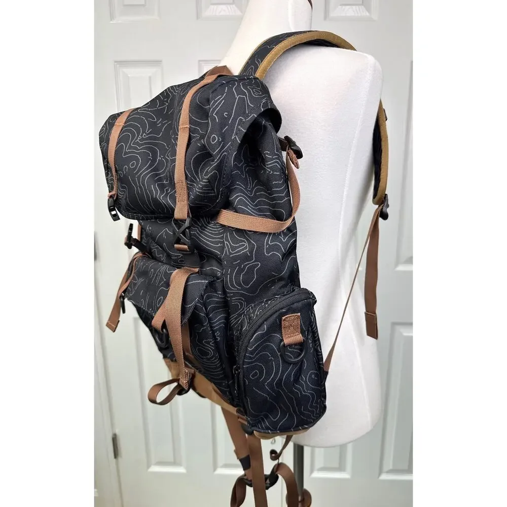 KAVU Camp Sherman Backpack Topo Print Black Gray Brown Hiking Travel Outdoor